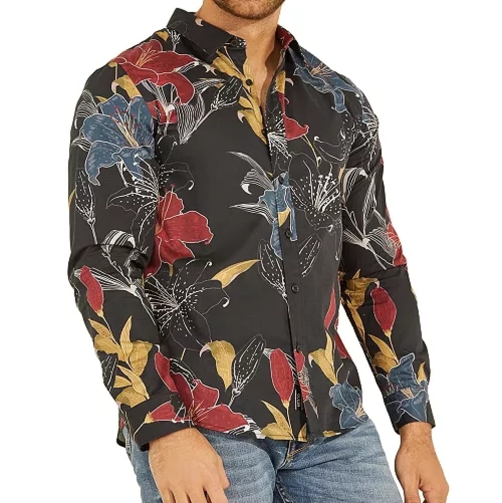GUESS Luxe Night Lily Stretch Floral-Print Shirt Medium